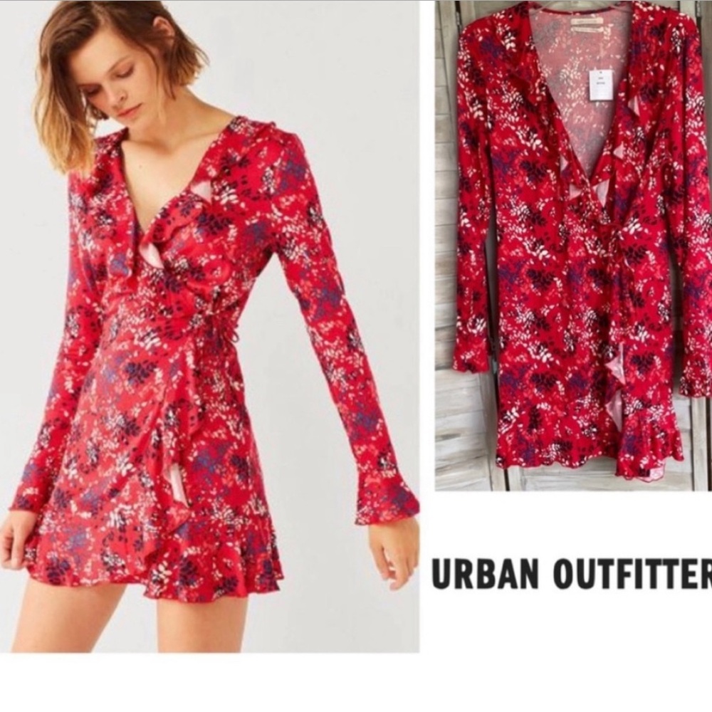UO Red Leaf Print Wrap Dress Ruffle Neckline